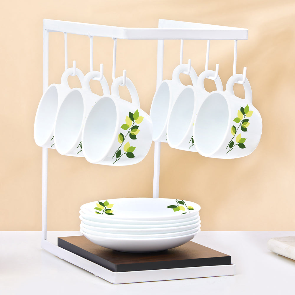 Larah By Borosil Green Leaves Cup n Saucer Set 140 ml x 12