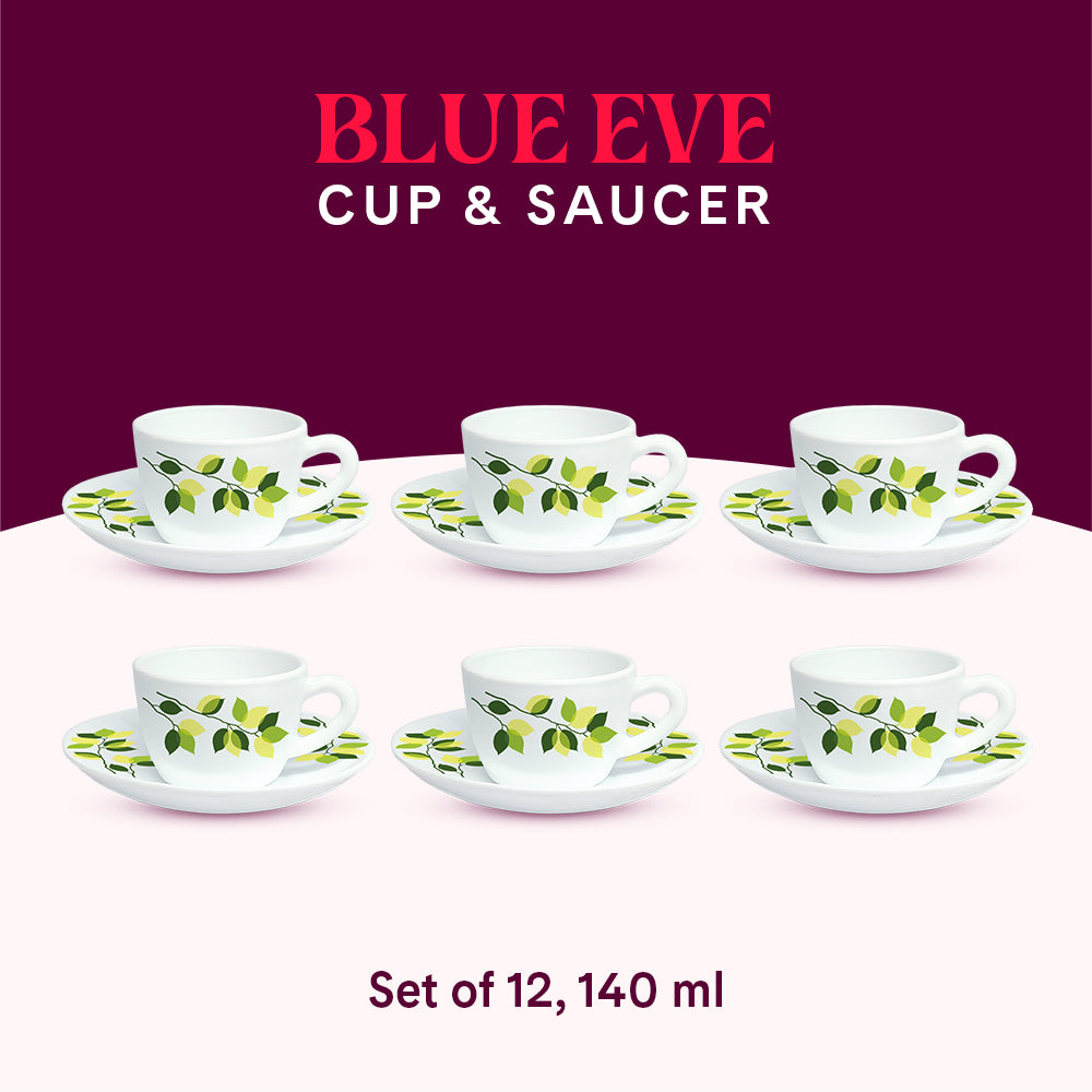 Larah By Borosil Green Leaves Cup n Saucer Set 140 ml x 12