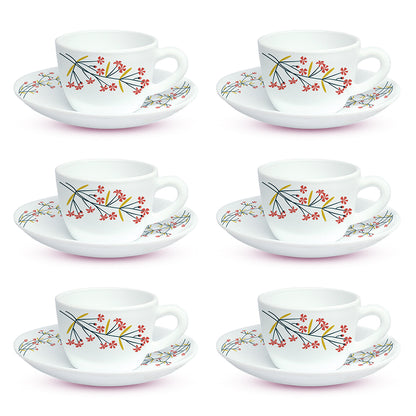 Larah By Borosil Red Bud Cup n Saucer Set 140 ml x 12