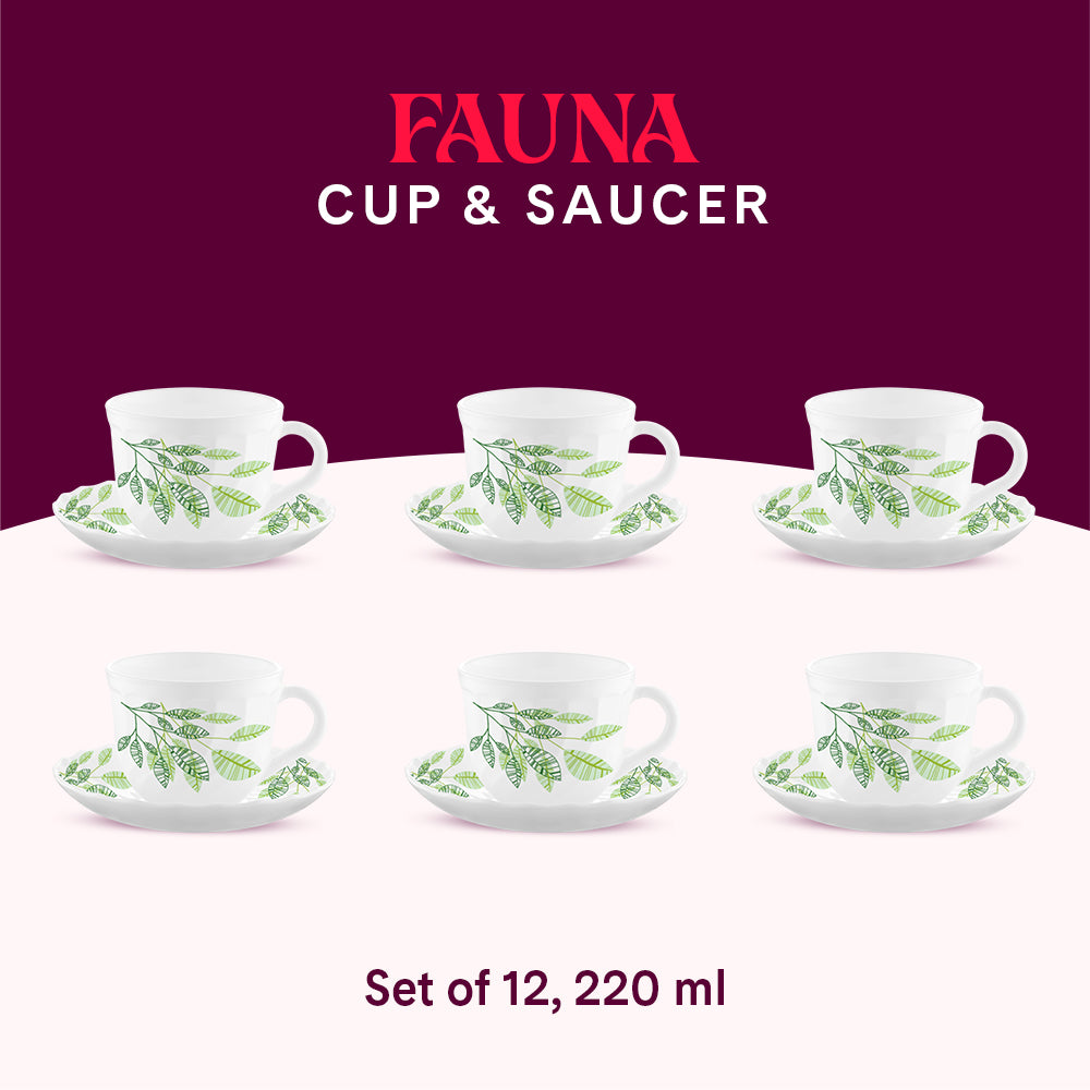 Larah By Borosil Fauna Cup n Saucer Set 220 ml x 12