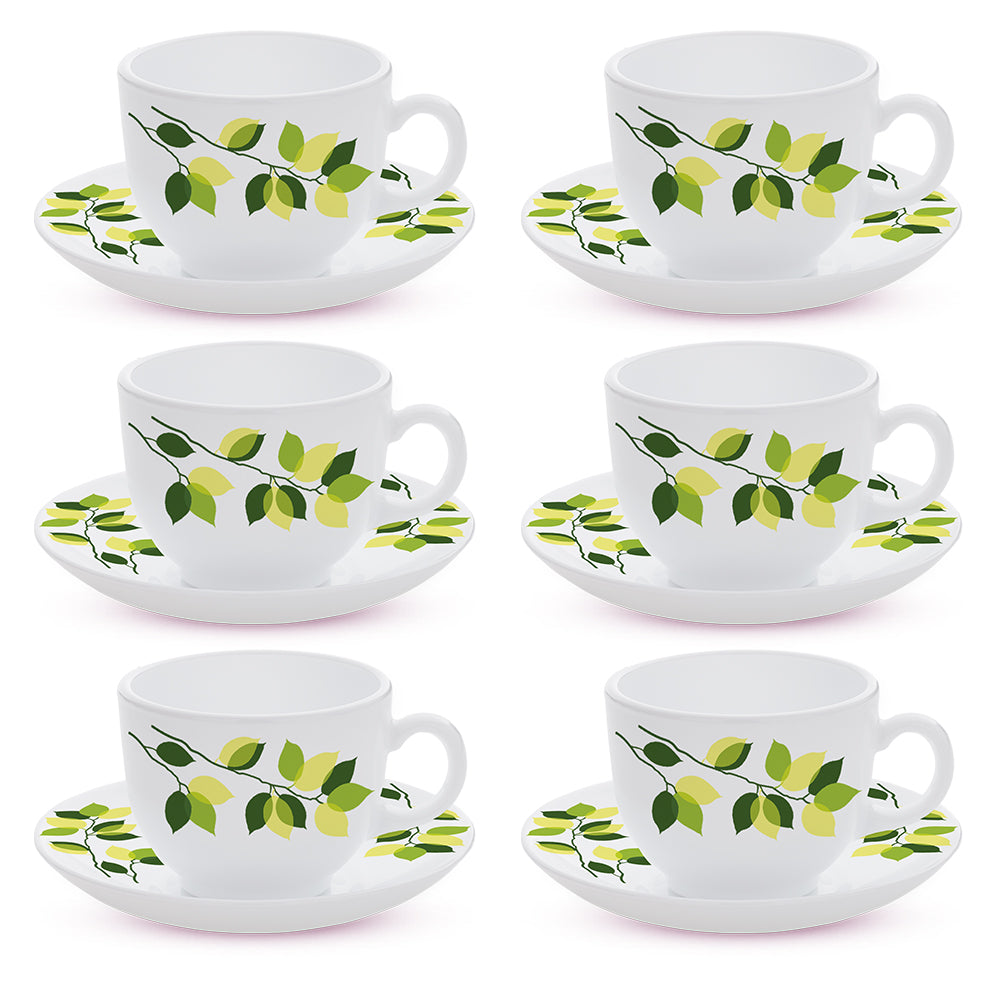 Larah By Borosil Green Leaves Cup n Saucer Set 220 ml x 12