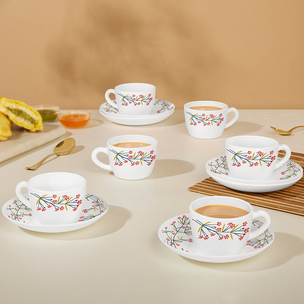 Larah By Borosil Red Bud Cup n Saucer Set 220 ml x 12