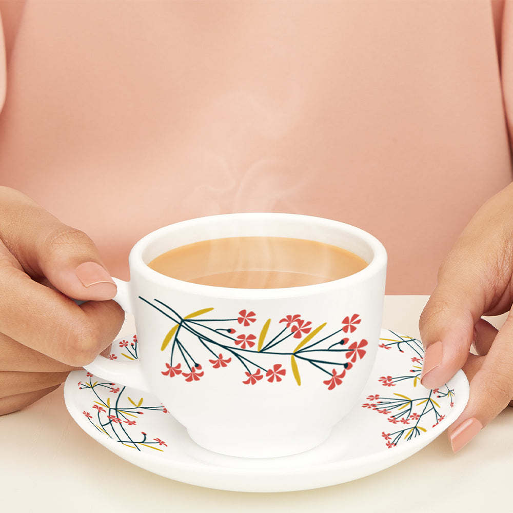 Larah By Borosil Red Bud Cup n Saucer Set 220 ml x 12