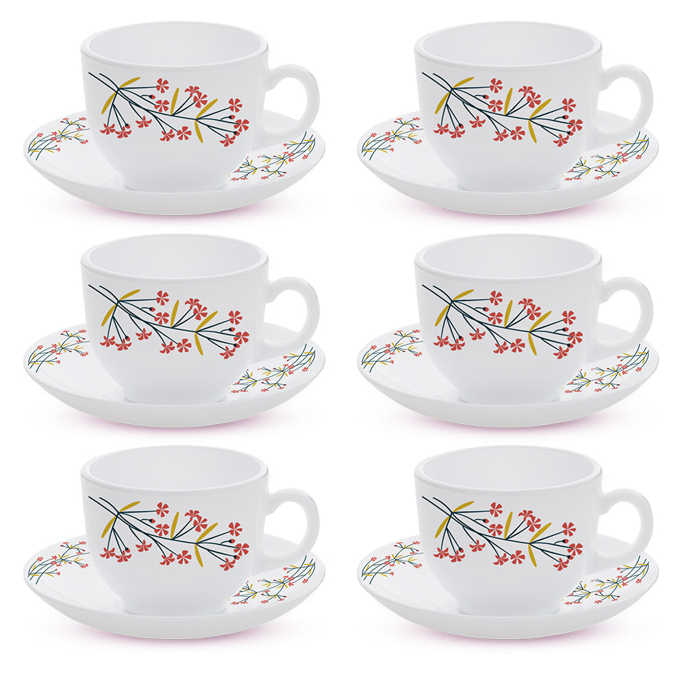 Larah By Borosil Red Bud Cup n Saucer Set 220 ml x 12