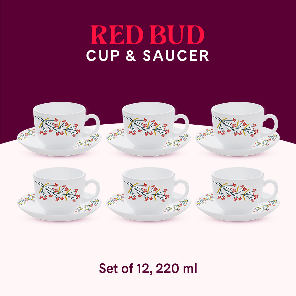 Larah By Borosil Red Bud Cup n Saucer Set 220 ml x 12