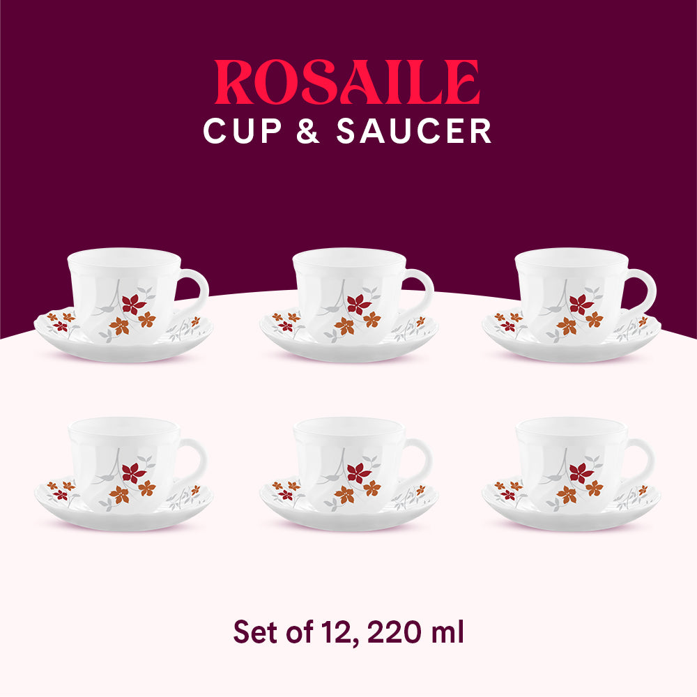 Larah By Borosil Rosalie Cup n Saucer Set 220 ml x 12