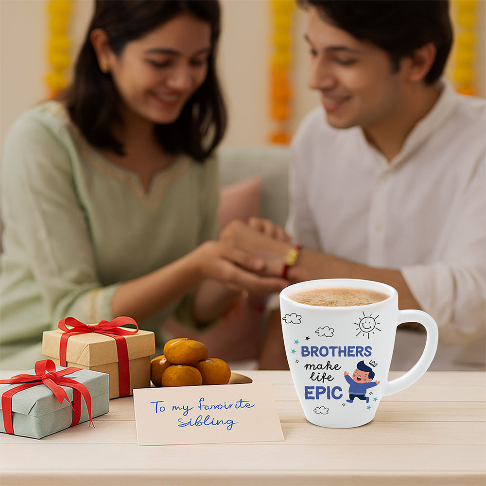 Larah by Borosil Rakhi Opalware Mug, Brothers Make Life Epic, 390 ml