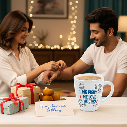 Larah by Borosil Rakhi Opalware Mug, We Fight, We Love, We Stay, 390ml