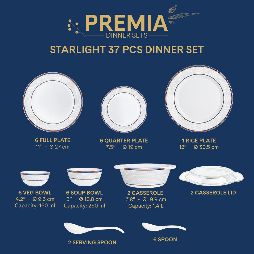 Larah By Borosil Starlight Dinner Set, 37 pc