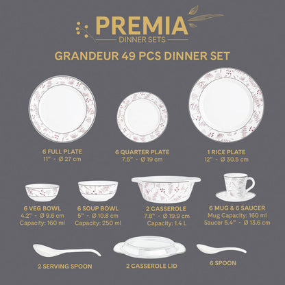 Larah By Borosil Grandeur Dinner Set, 49 pc