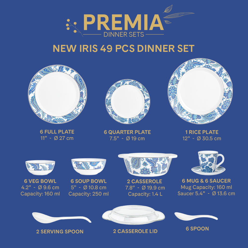 Larah By Borosil New Iris Dinner Set, 49 pc