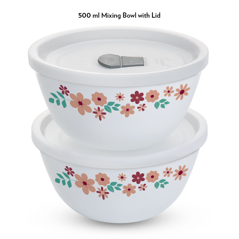Larah by Borosil Ayana Mixing Bowl Set w Lid, 4 pc Set (500ml + 500ml)
