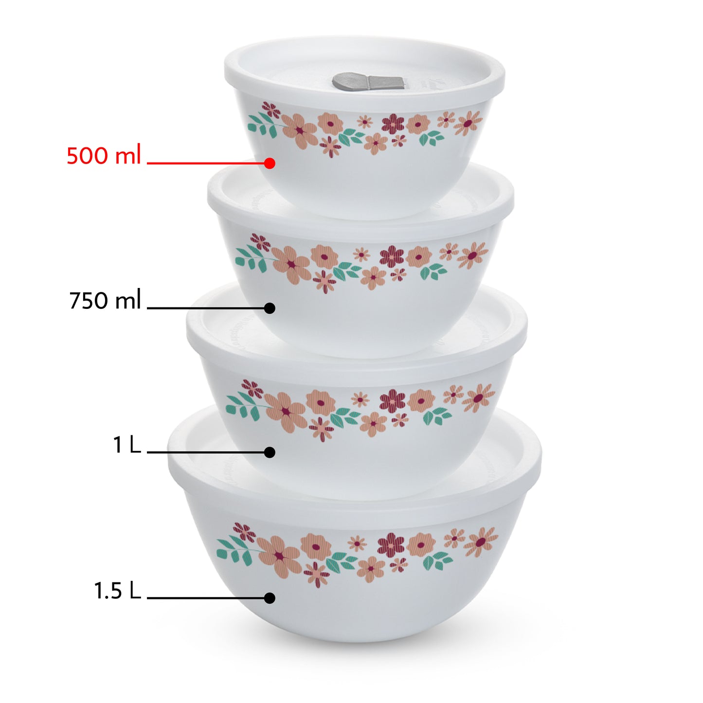 Larah by Borosil Ayana Mixing Bowl Set w Lid, 4 pc Set (500ml + 500ml)