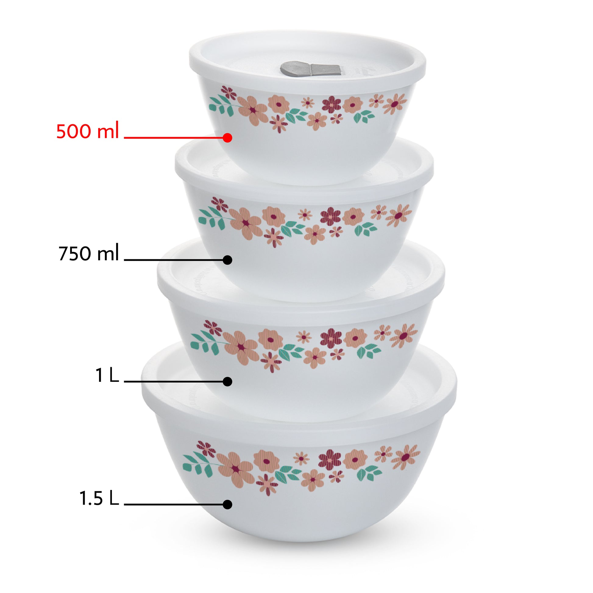 Larah by Borosil Ayana Mixing Bowl Set w Lid, 4 pc Set (500ml + 500ml)