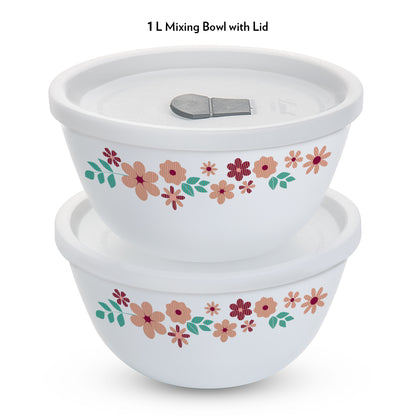 Larah by Borosil Ayana Mixing Bowl Set w Lid, 4pcSet(1L+1L)