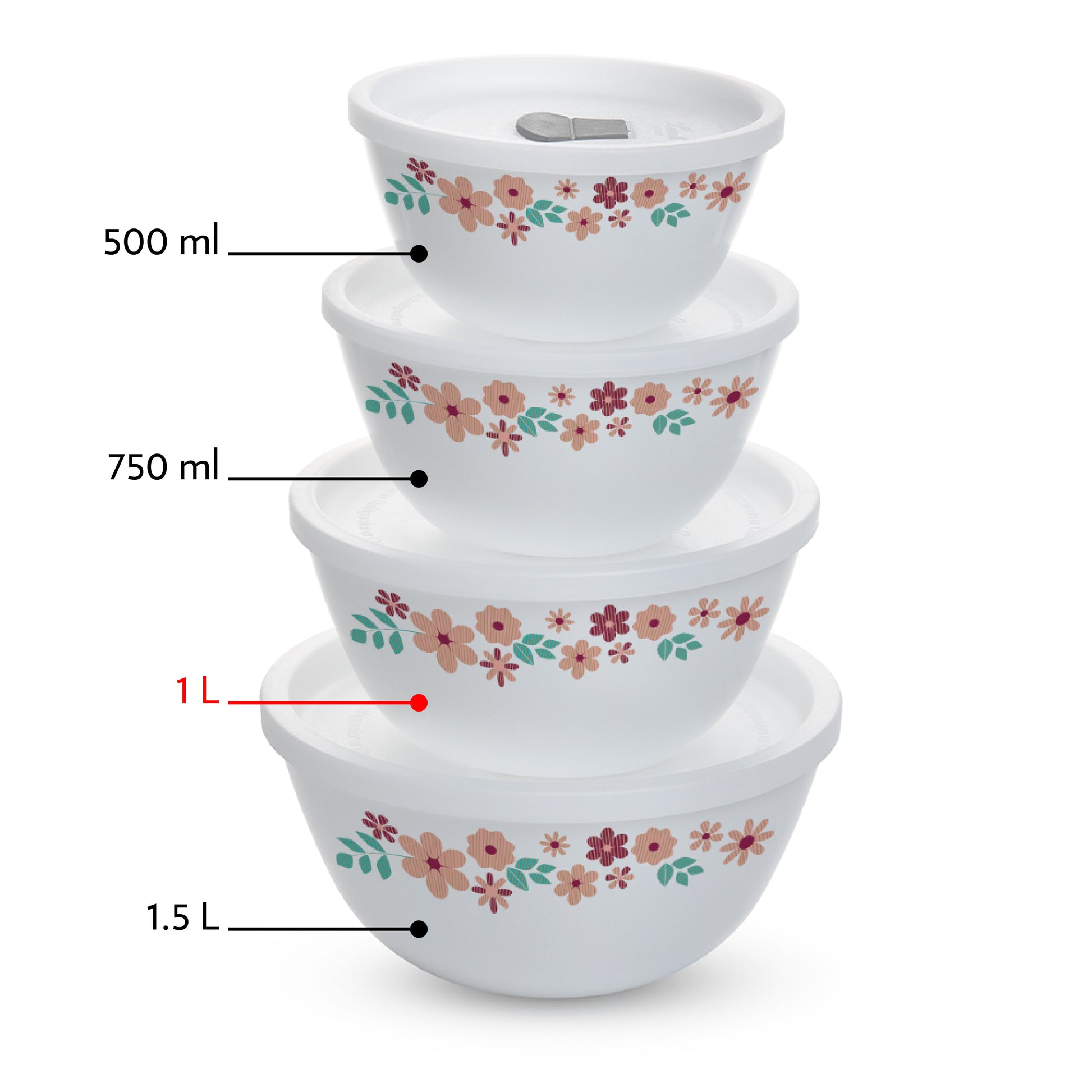 Larah by Borosil Ayana Mixing Bowl Set w Lid, 4pcSet(1L+1L)