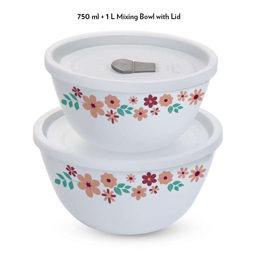Larah by Borosil Ayana Mixing Bowl Set w Lid, 4 pc Set (750ml + 1 L)