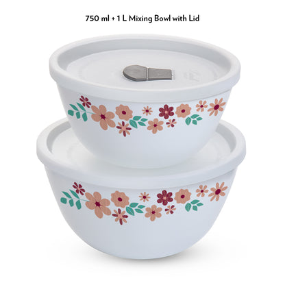 Larah by Borosil Ayana Mixing Bowl Set w Lid, 4 pc Set (750ml + 1 L)