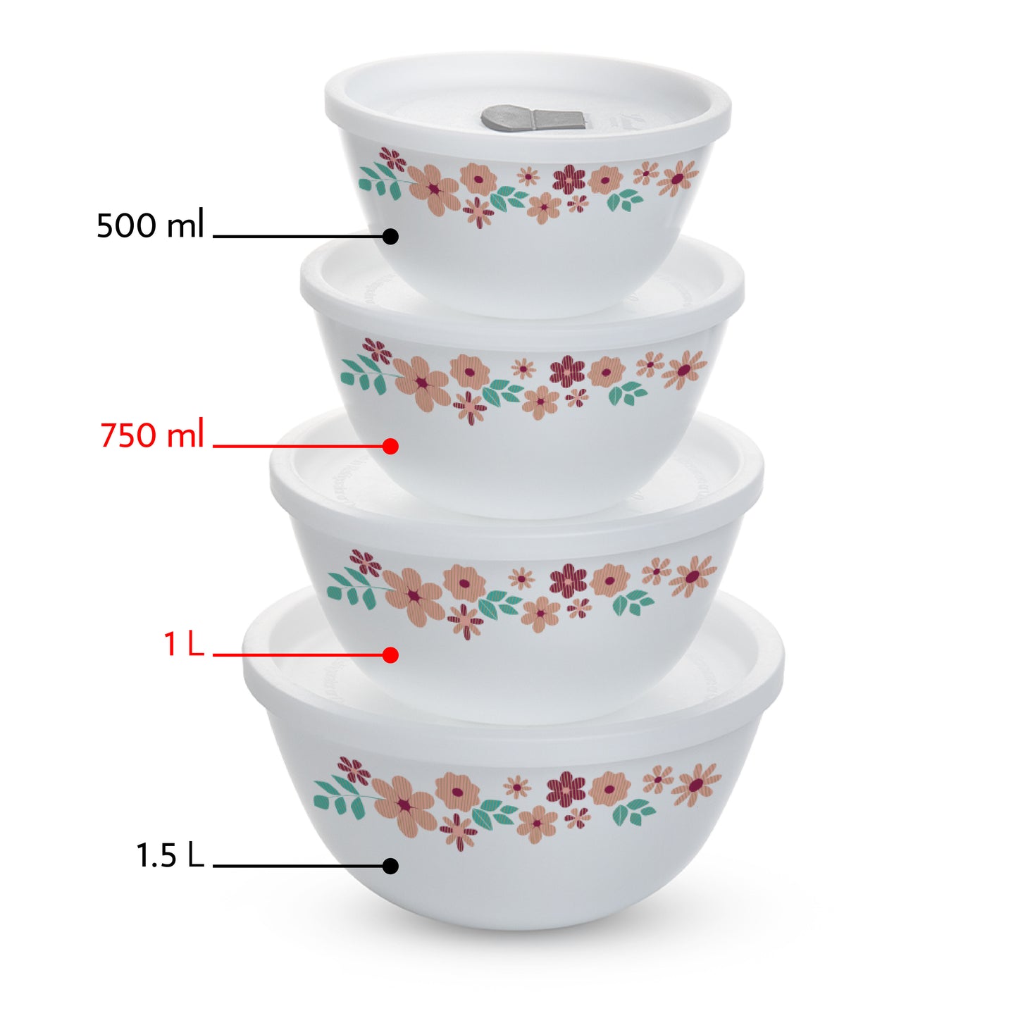 Larah by Borosil Ayana Mixing Bowl Set w Lid, 4 pc Set (750ml + 1 L)