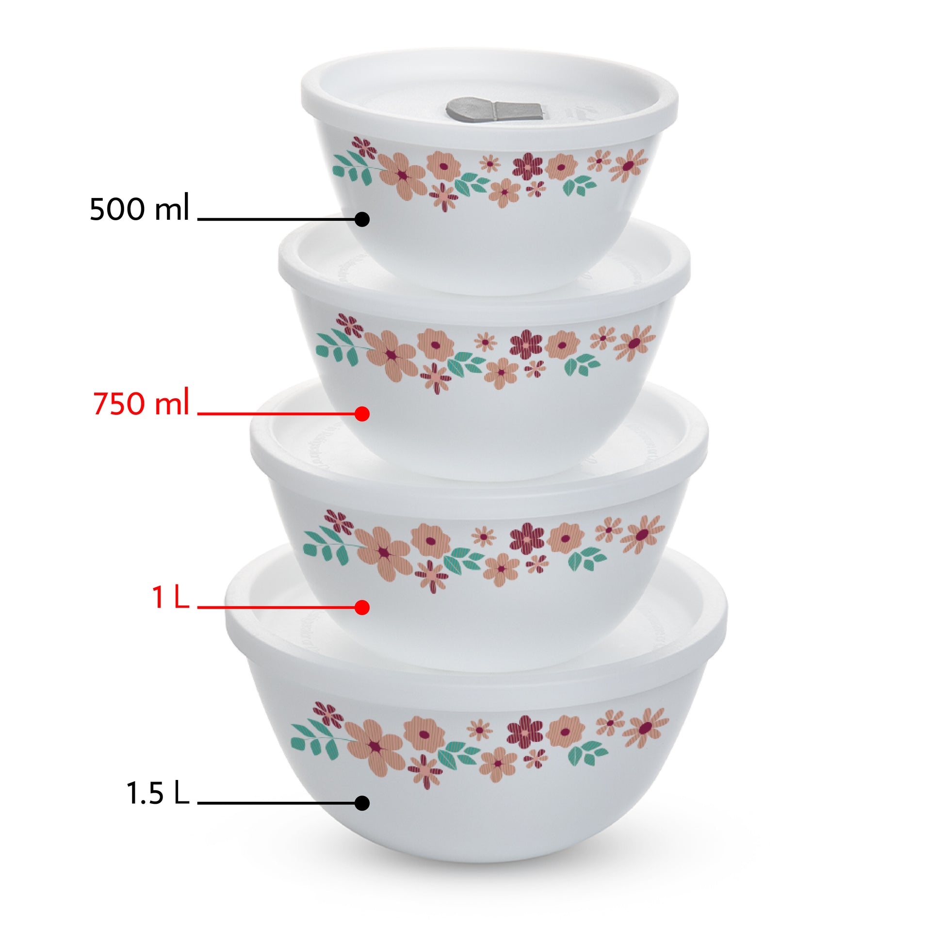 Larah by Borosil Ayana Mixing Bowl Set w Lid, 4 pc Set (750ml + 1 L)