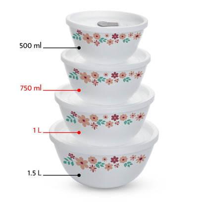 Larah by Borosil Ayana Mixing Bowl Set w Lid, 4 pc Set (750ml + 1 L)
