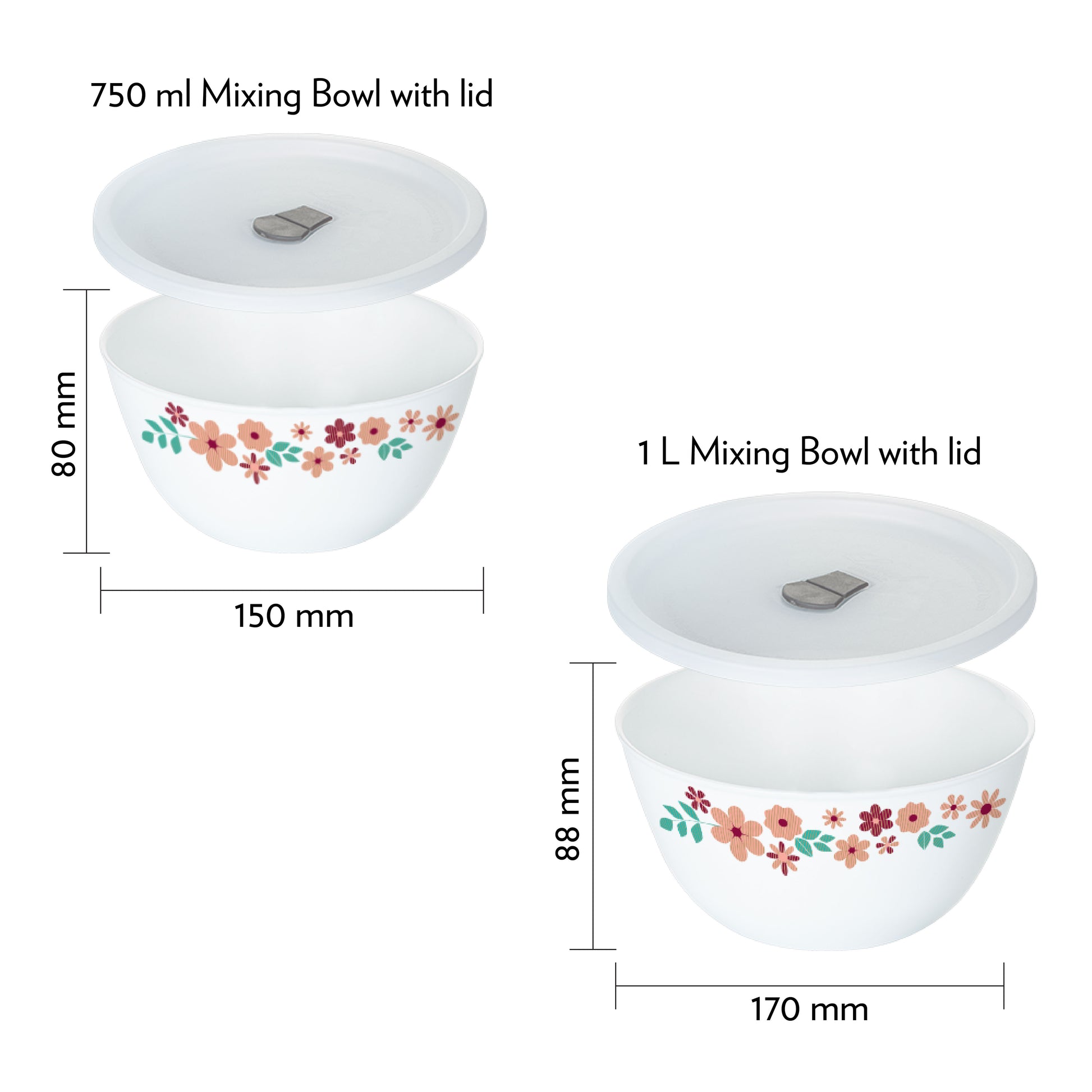 Larah by Borosil Ayana Mixing Bowl Set w Lid, 4 pc Set (750ml + 1 L)