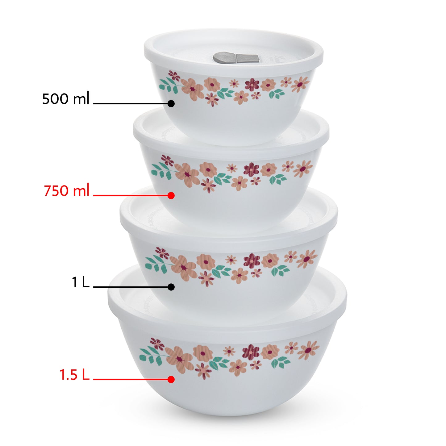Larah by Borosil Ayana Mixing Bowl Set w Lid, 4 pc Set (1.5L + 750ml)