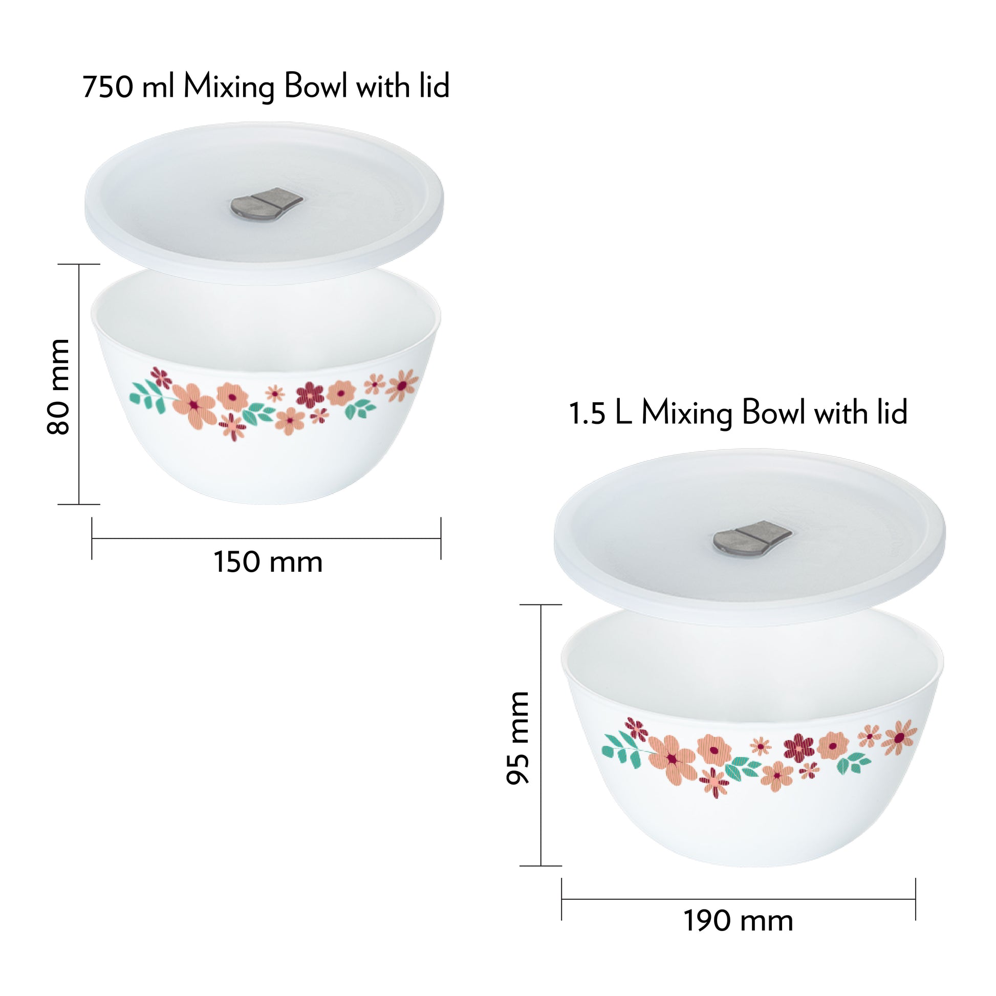 Larah by Borosil Ayana Mixing Bowl Set w Lid, 4 pc Set (1.5L + 750ml)