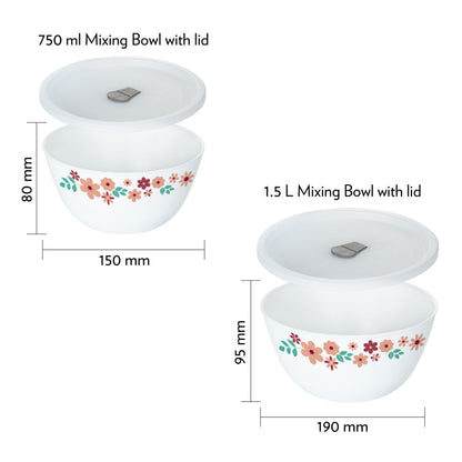 Larah by Borosil Ayana Mixing Bowl Set w Lid, 4 pc Set (1.5L + 750ml)