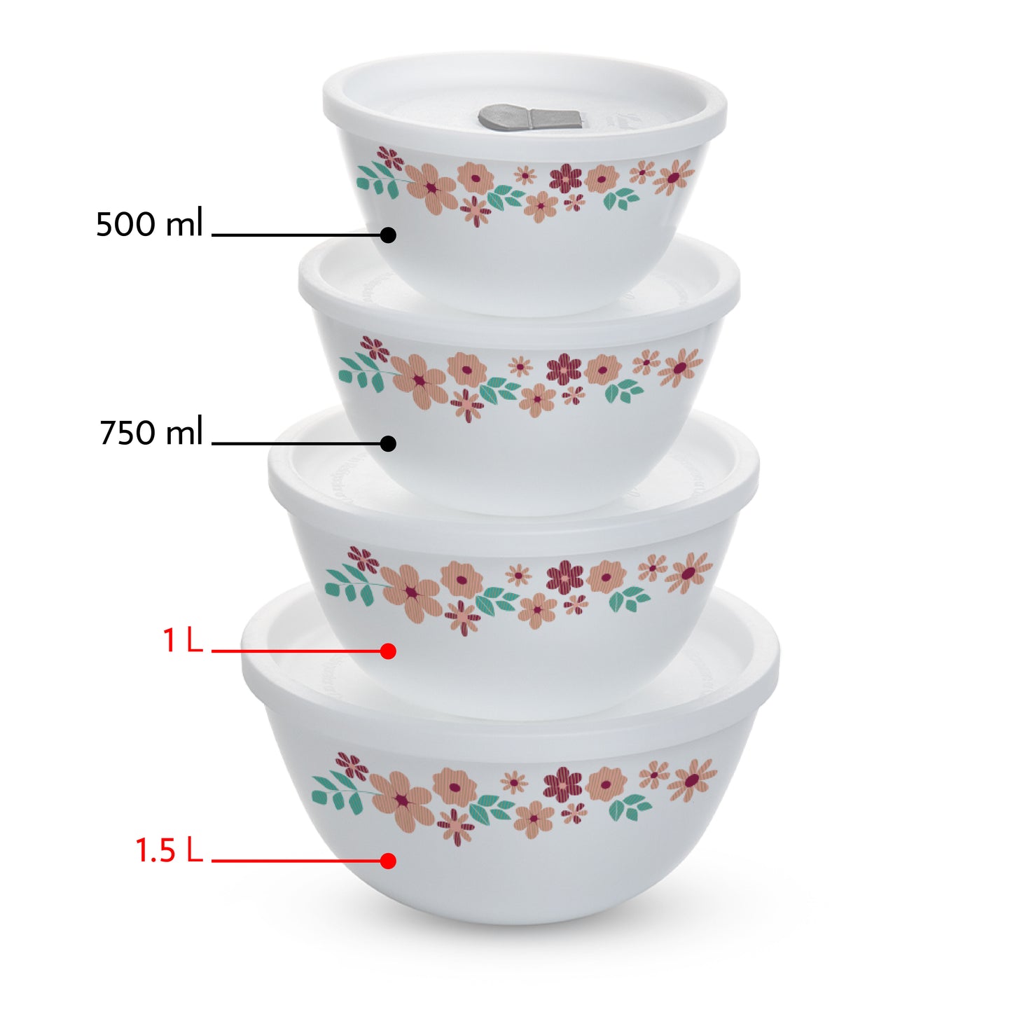 Larah by Borosil Ayana Mixing Bowl Set w Lid, 4pcSet(1.5L+1L)