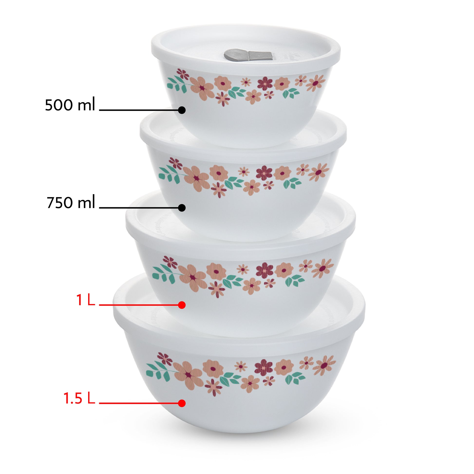 Larah by Borosil Ayana Mixing Bowl Set w Lid, 4pcSet(1.5L+1L)