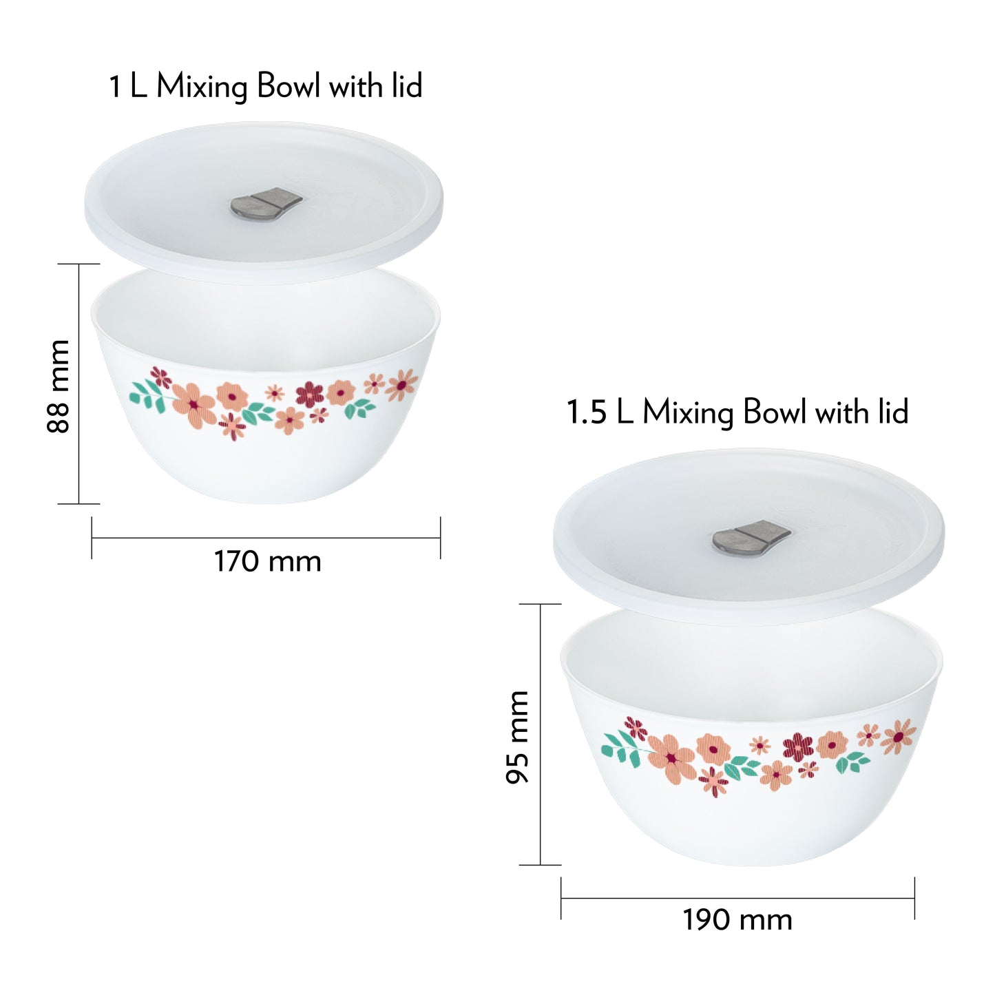 Larah by Borosil Ayana Mixing Bowl Set w Lid, 4pcSet(1.5L+1L)