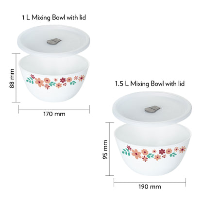 Larah by Borosil Ayana Mixing Bowl Set w Lid, 4pcSet(1.5L+1L)