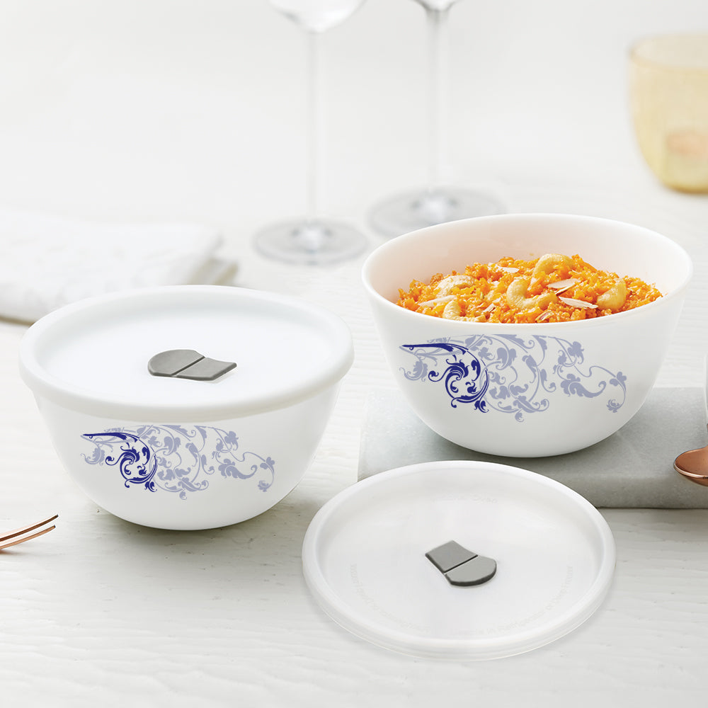 Larah by Borosil Blue Eve Mixing Bowl Set w Lid, 4 pc Set (500ml + 500ml)