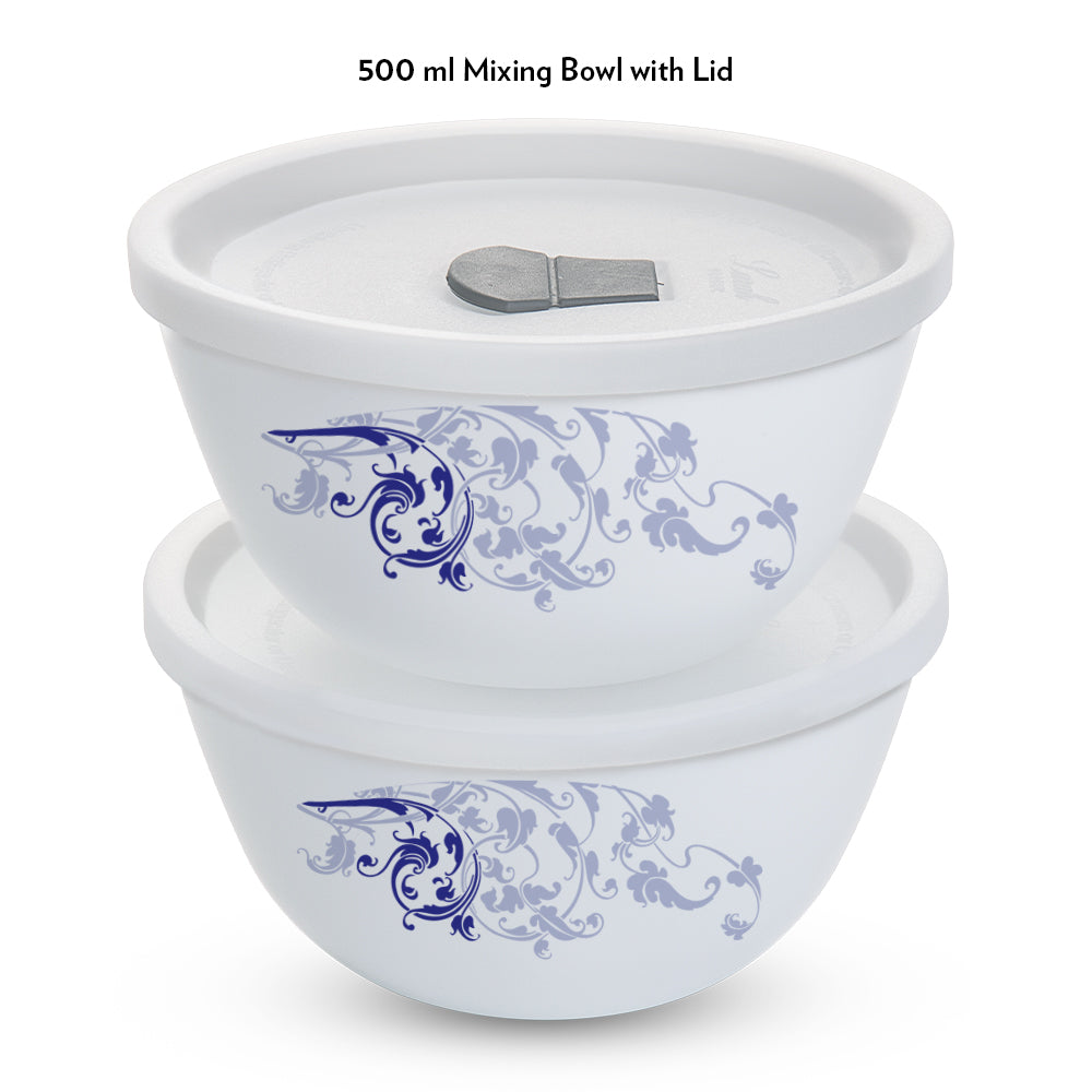 Larah by Borosil Blue Eve Mixing Bowl Set w Lid, 4 pc Set (500ml + 500ml)