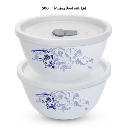 Larah by Borosil Blue Eve Mixing Bowl Set w Lid, 4 pc Set (500ml + 500ml)