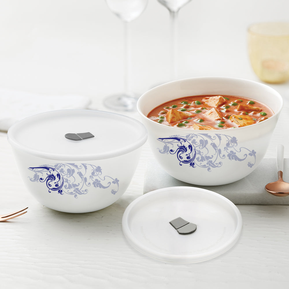 Larah by Borosil Blue Eve Mixing Bowl Set w Lid, 4 pc Set (500ml + 750ml)