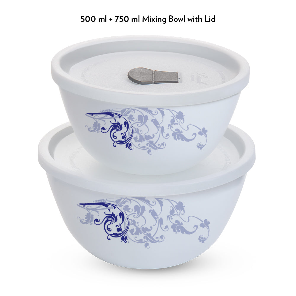 Larah by Borosil Blue Eve Mixing Bowl Set w Lid, 4 pc Set (500ml + 750ml)