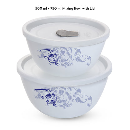 Larah by Borosil Blue Eve Mixing Bowl Set w Lid, 4 pc Set (500ml + 750ml)