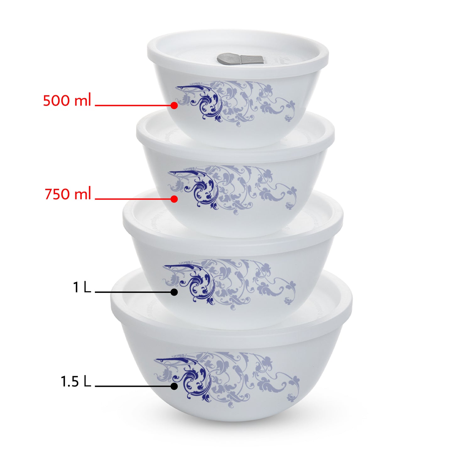 Larah by Borosil Blue Eve Mixing Bowl Set w Lid, 4 pc Set (500ml + 750ml)