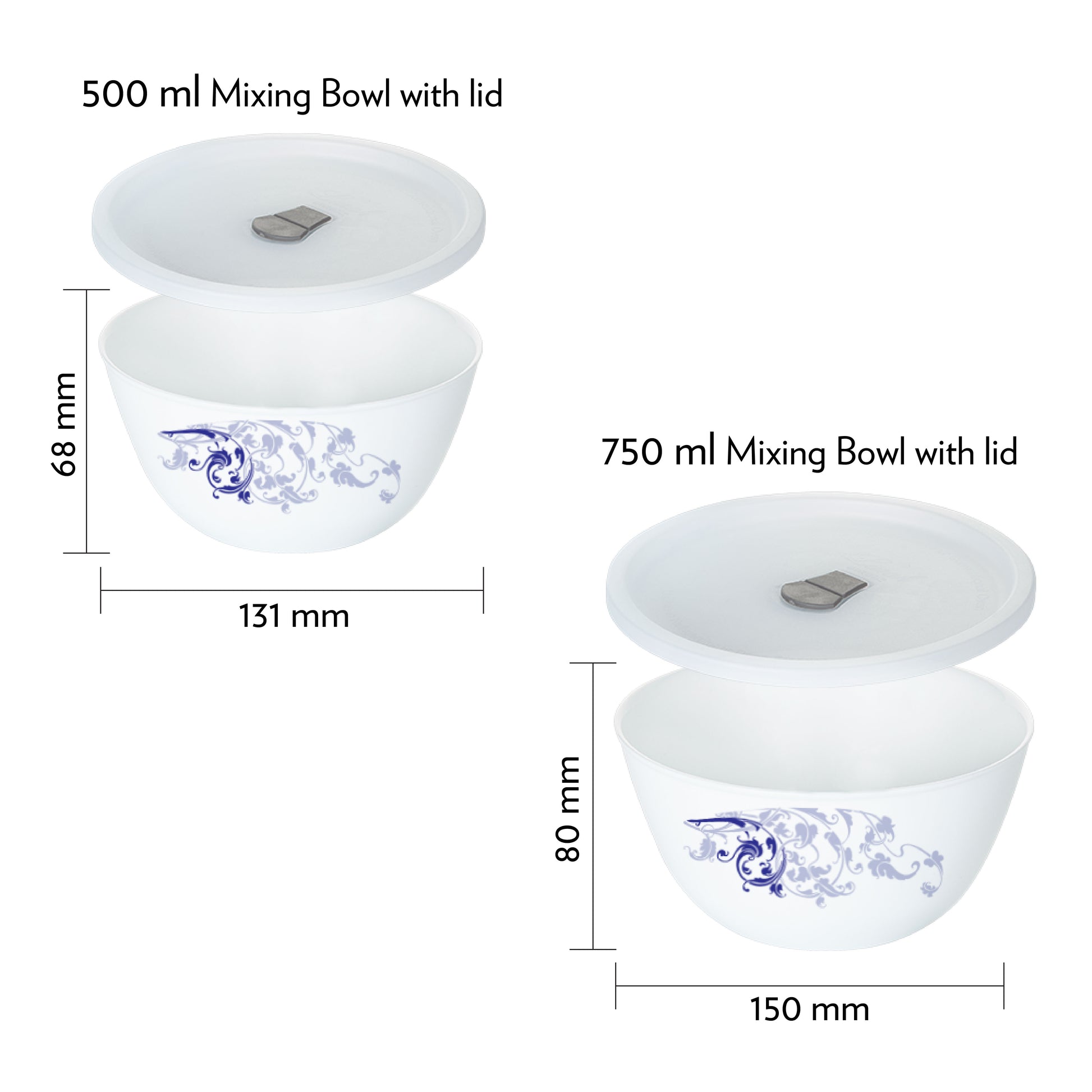 Larah by Borosil Blue Eve Mixing Bowl Set w Lid, 4 pc Set (500ml + 750ml)
