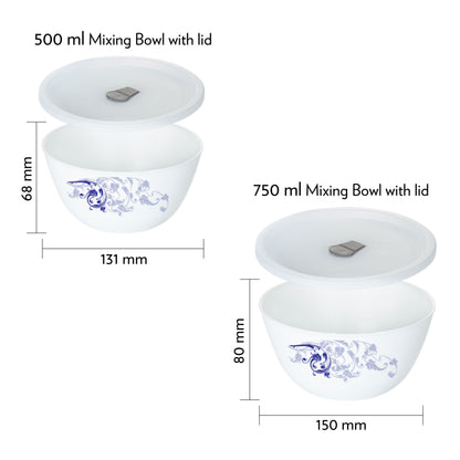 Larah by Borosil Blue Eve Mixing Bowl Set w Lid, 4 pc Set (500ml + 750ml)