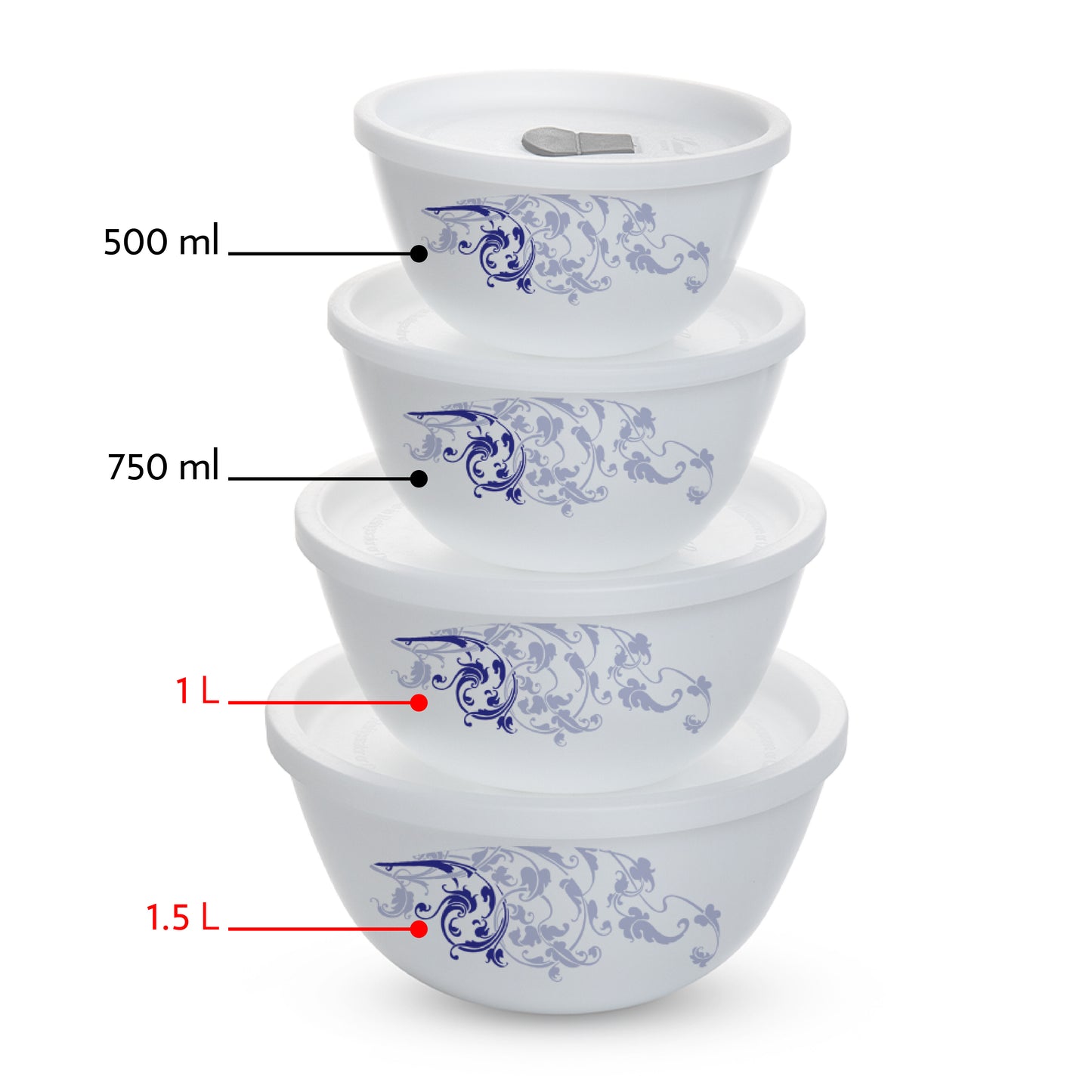 Larah by Borosil Blue Eve Mixing Bowl Set w Lid, 4pcSet(1.5L+1L)