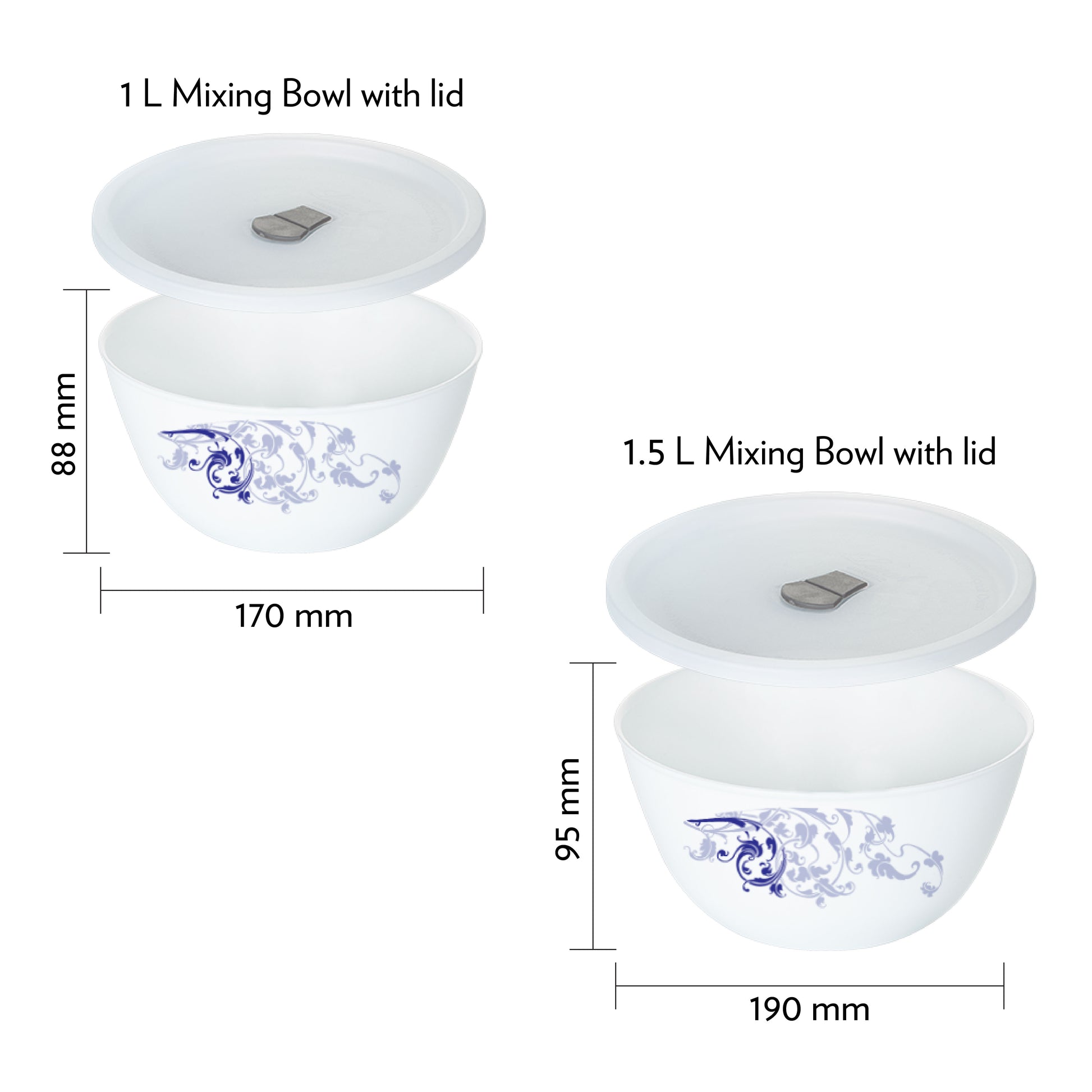 Larah by Borosil Blue Eve Mixing Bowl Set w Lid, 4pcSet(1.5L+1L)