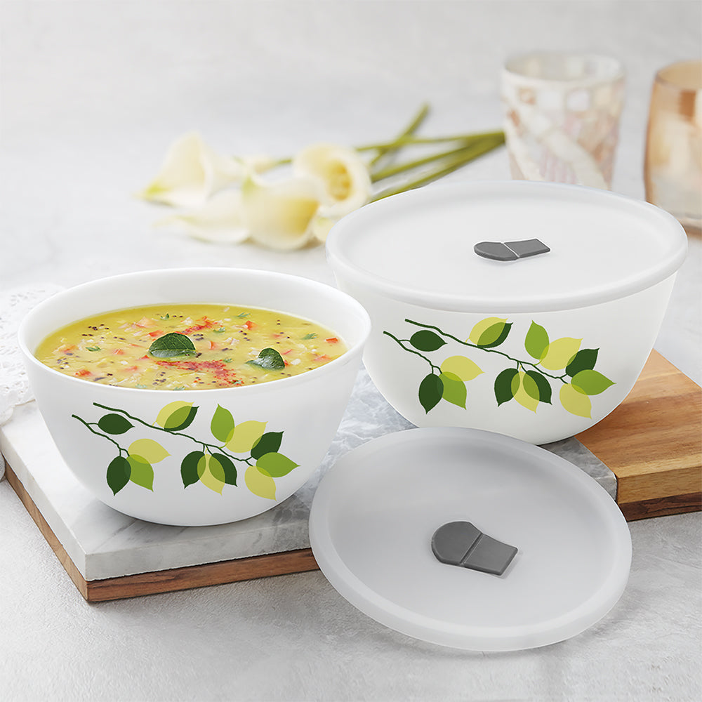 Larah by Borosil Green Leaves 4 pc Mixing Bowl, 1 L x 2