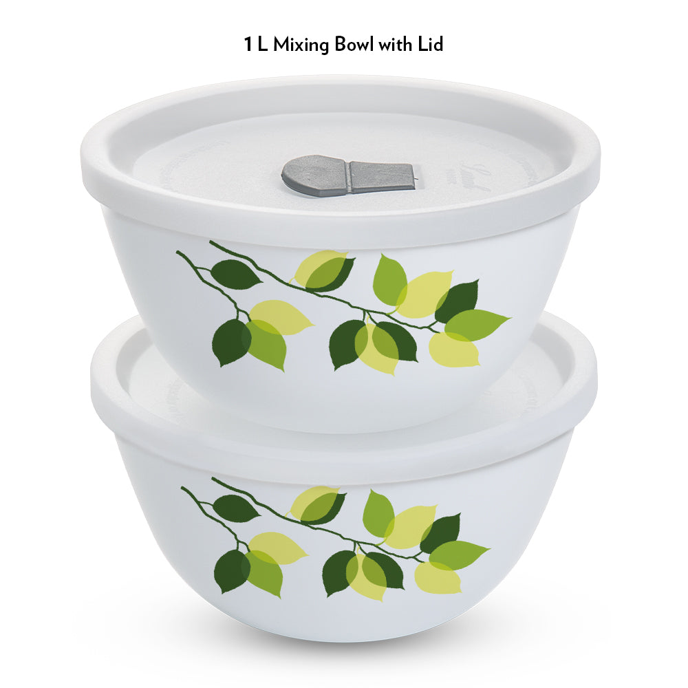 Larah by Borosil Green Leaves 4 pc Mixing Bowl, 1 L x 2