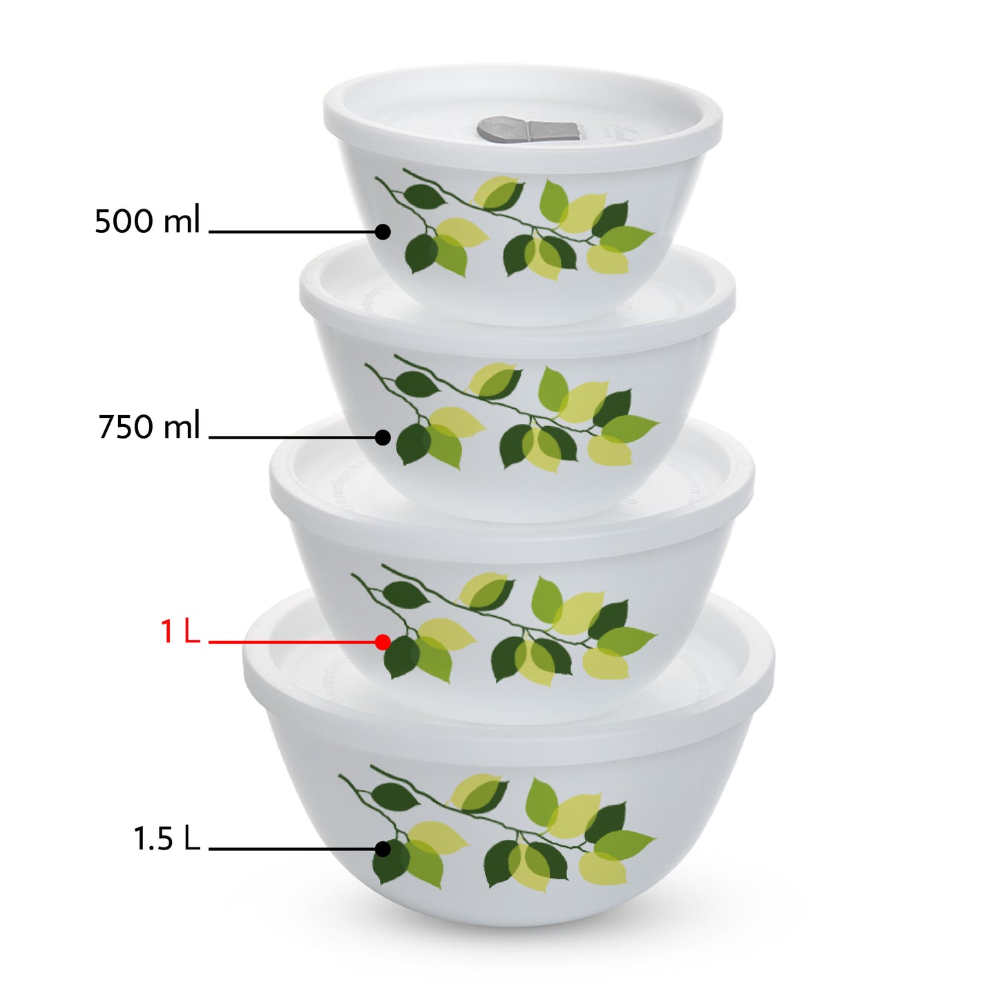 Larah by Borosil Green Leaves 4 pc Mixing Bowl, 1 L x 2