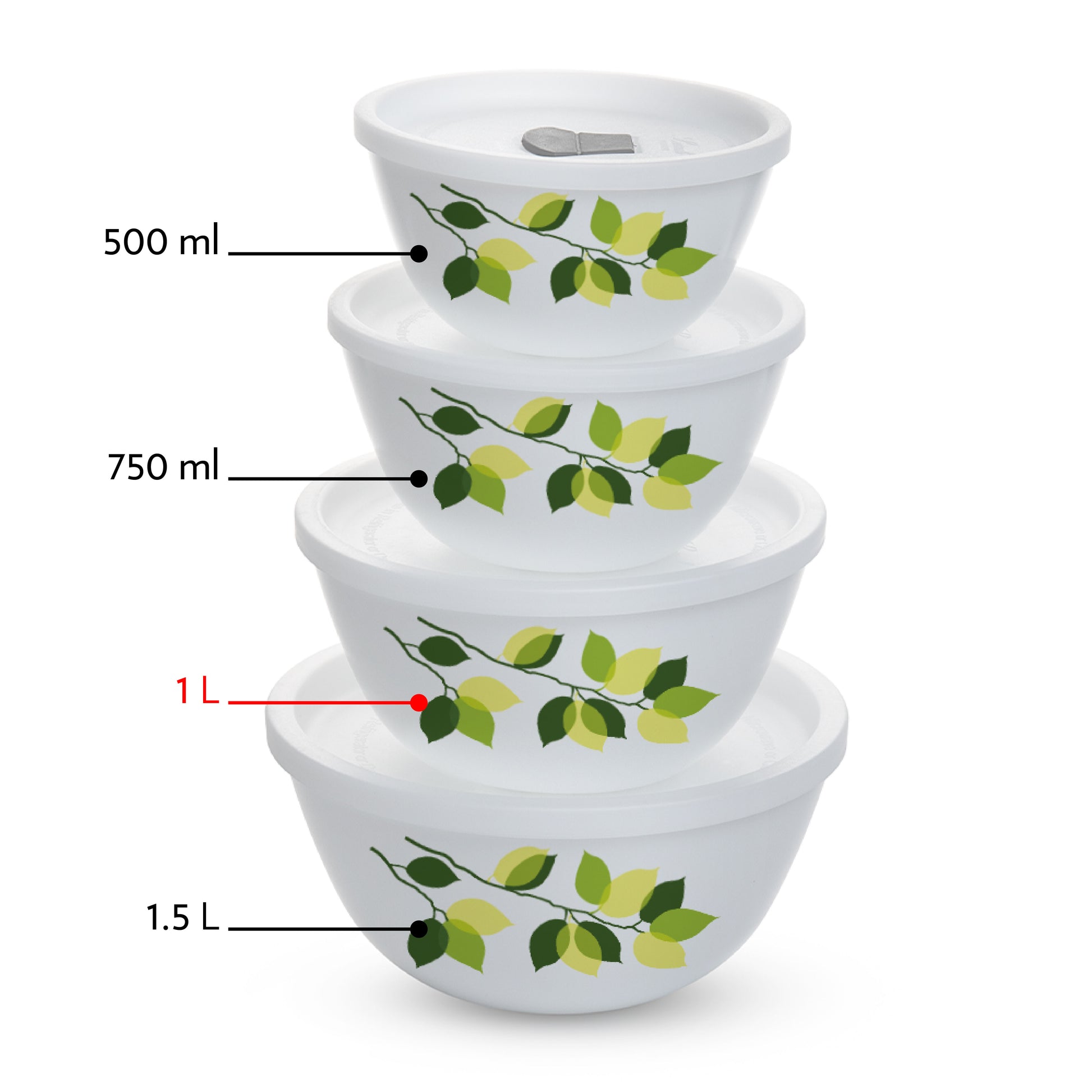 Larah by Borosil Green Leaves 4 pc Mixing Bowl, 1 L x 2