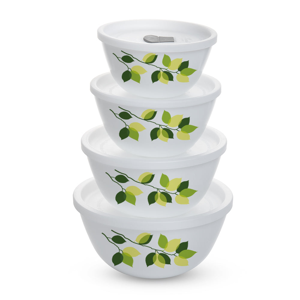 Larah by Borosil Green Leaves 4 pc Mixing Bowl, 1 L + 750 ml