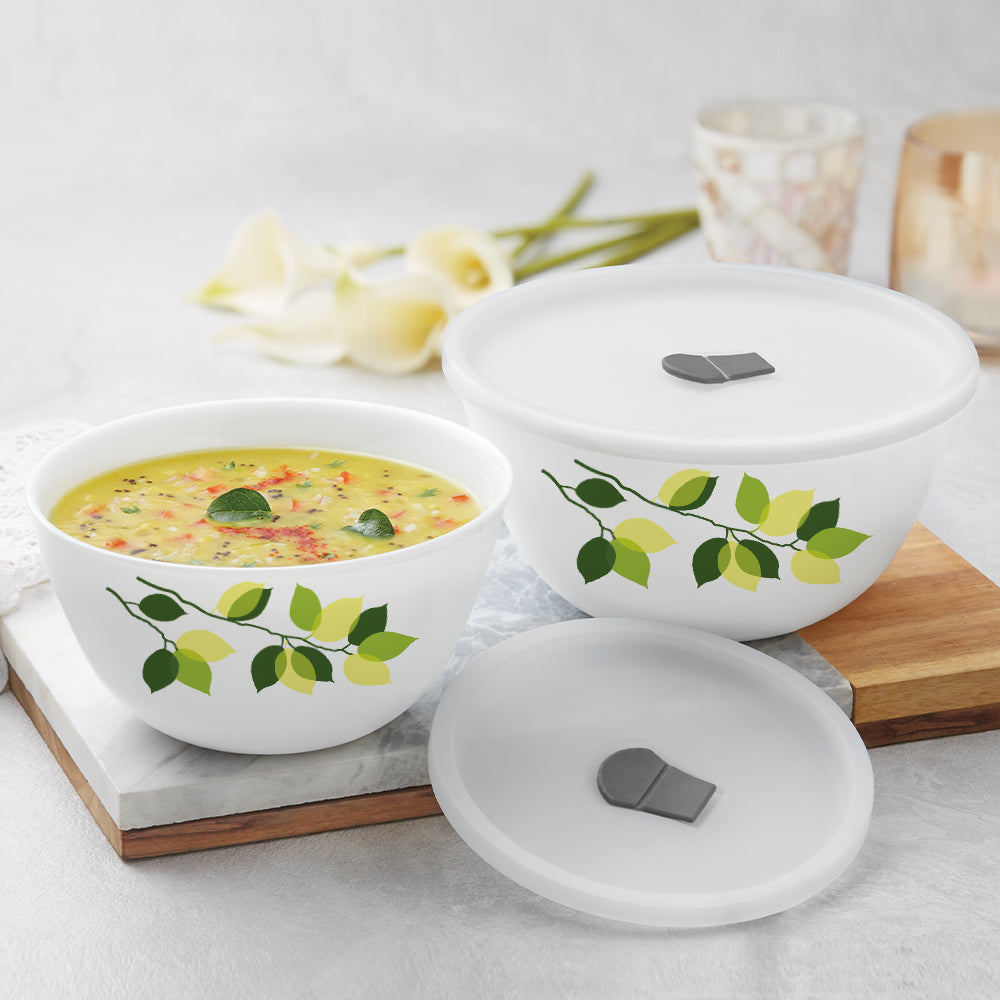 Larah by Borosil Green Leaves 4 pc Mixing Bowl, 1 L + 1.5 L